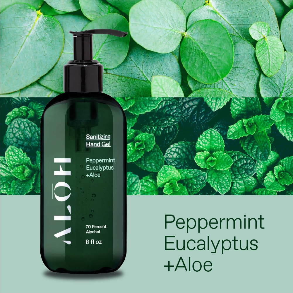 ALOH Sanitizing Hand Gel 2-pack | Peppermint Eucalyptus + Aloe | 70% Alcohol Hydrating Hand Sanitizer Gel with Essential Oil, fo