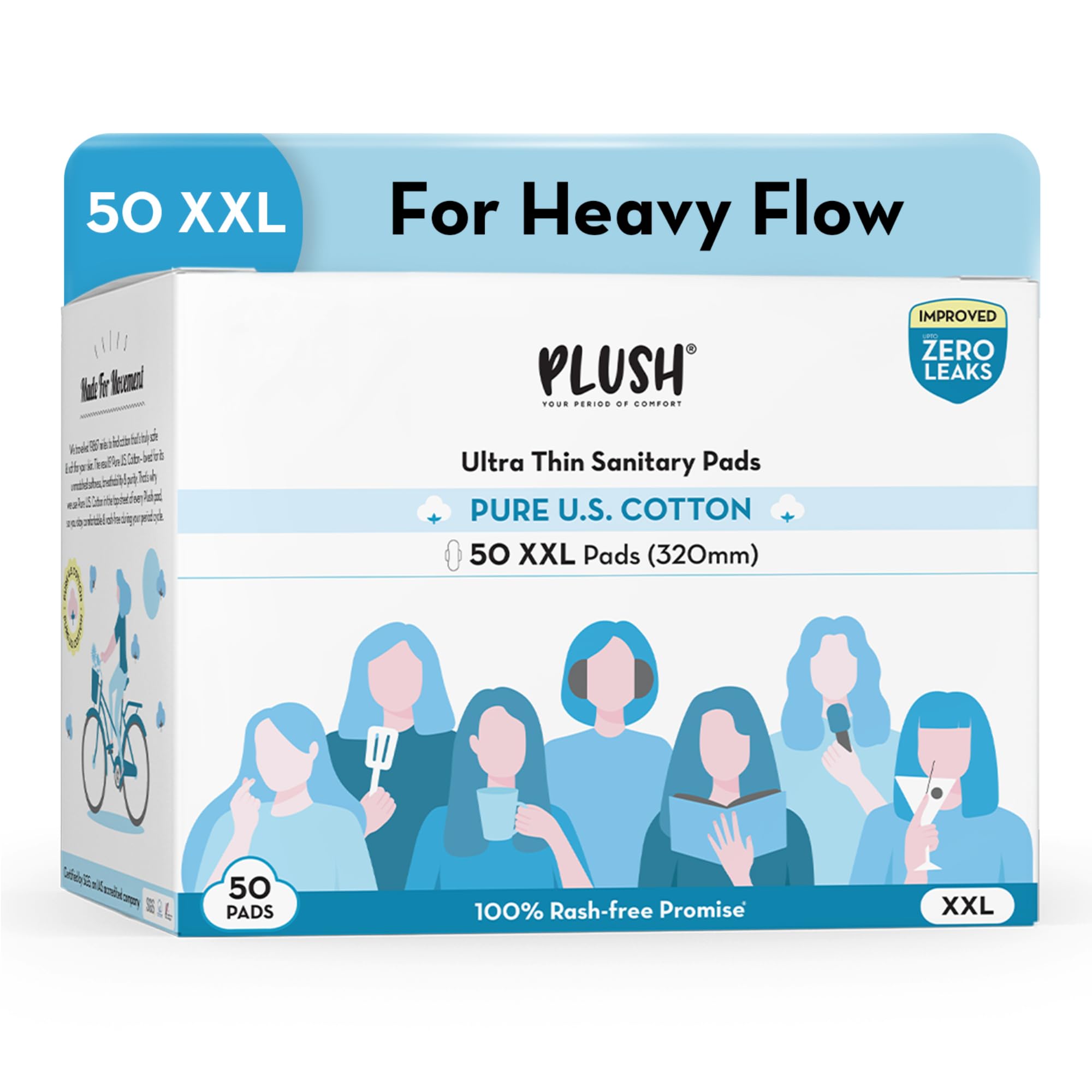 Plush UltraThin Xxl Sanitary Pads For Women 50 Pcs | Super Absorbent Heavy Flow 320Mm Sanitary Napkins| 100% RashFree | Pure U