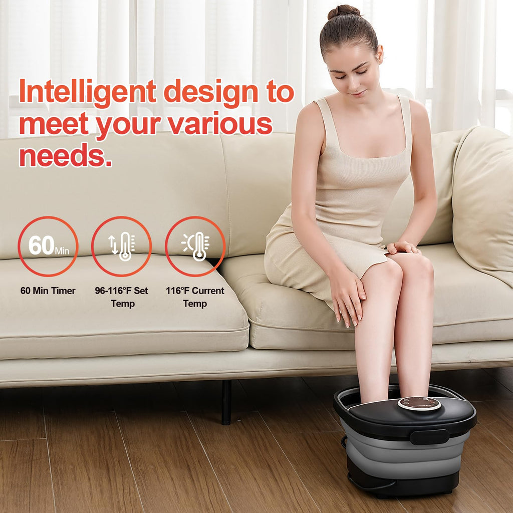 GEHONA Collapsible Foot Spa Bath with Heat,Foot Massager with Two Side Supports,Leakage Protector,Temperature Control,Bubbles,Re