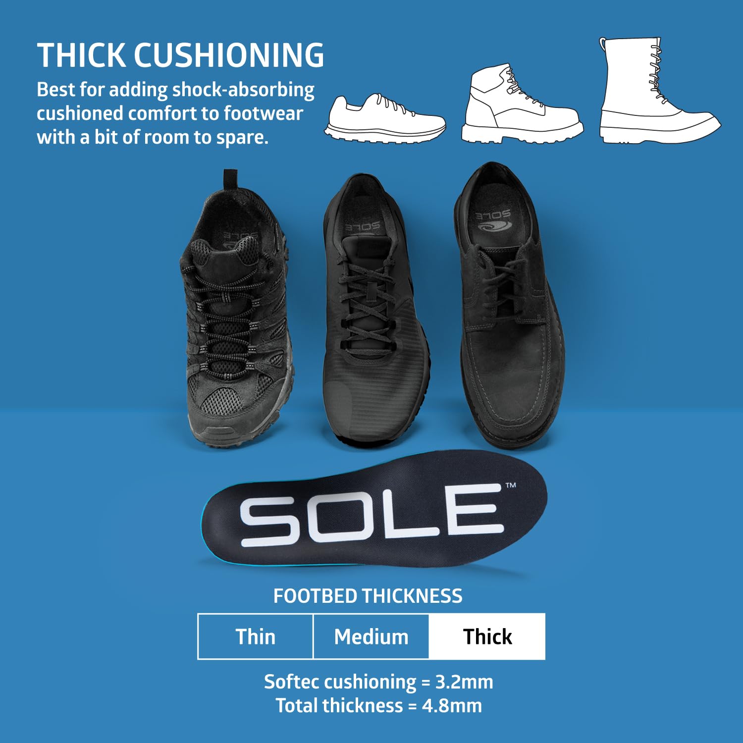 SOLE Active Thick Shoe Insoles - Orthotic Arch Support Inserts for Plantar Fasciitis Relief and Comfort - Mens Size 9/Womens Siz