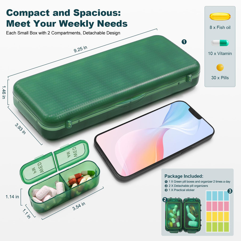 LOBIUTIYA Weekly Pill Organizer 2 Times a Day + 2 Detachable AM PM Travel Kits for Vitamin, Medicine, Supplement, Fish Oil - Gre