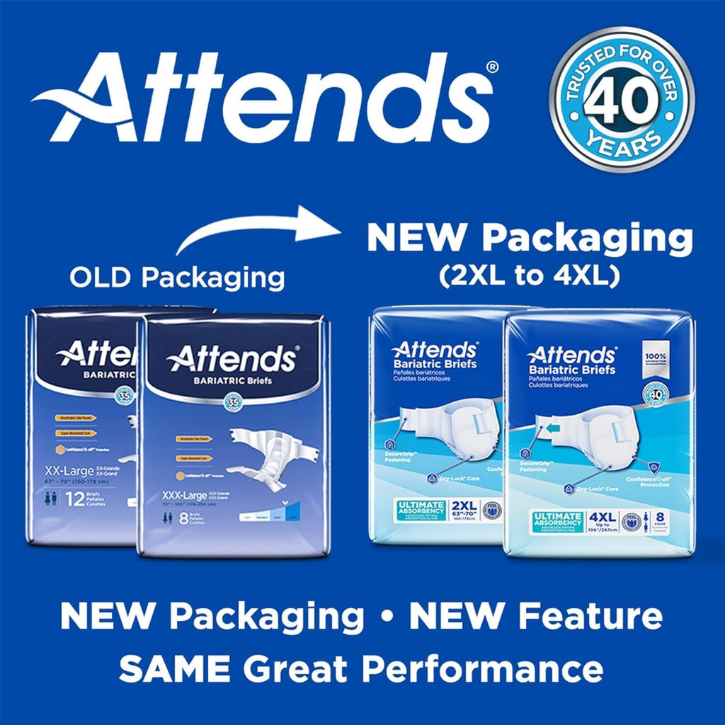 Attends Bariatric Incontinence Disposable Briefs, 4X-Large, Up to 106 Waist with SecureGrip Tab Closure, Ultimate Absorbency, Dr
