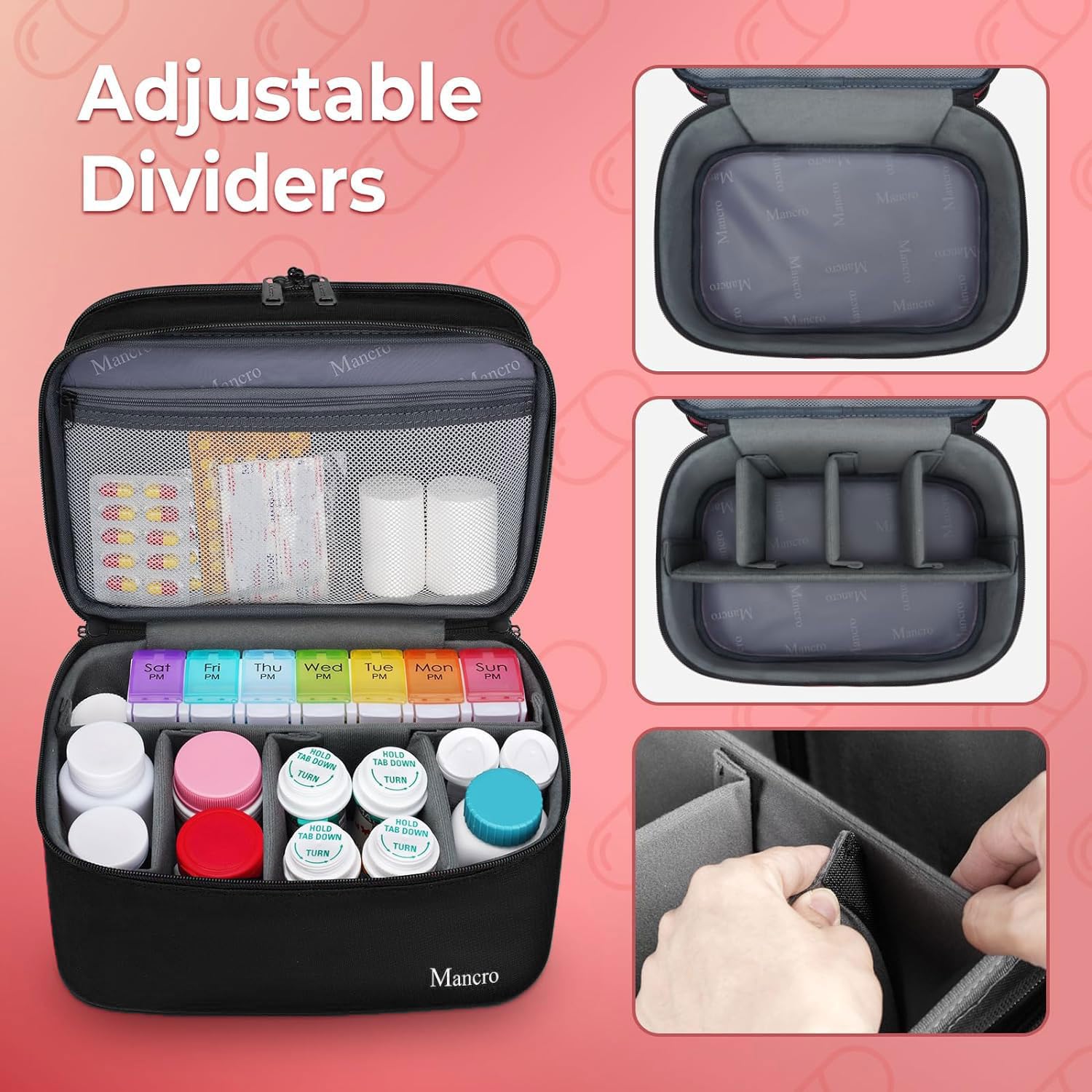 Mancro Dual Layers Medicine Organizer Bag, Pill Bottle Organizer Storage with Lockable Zipper, Medication Travel Bag for Pills,