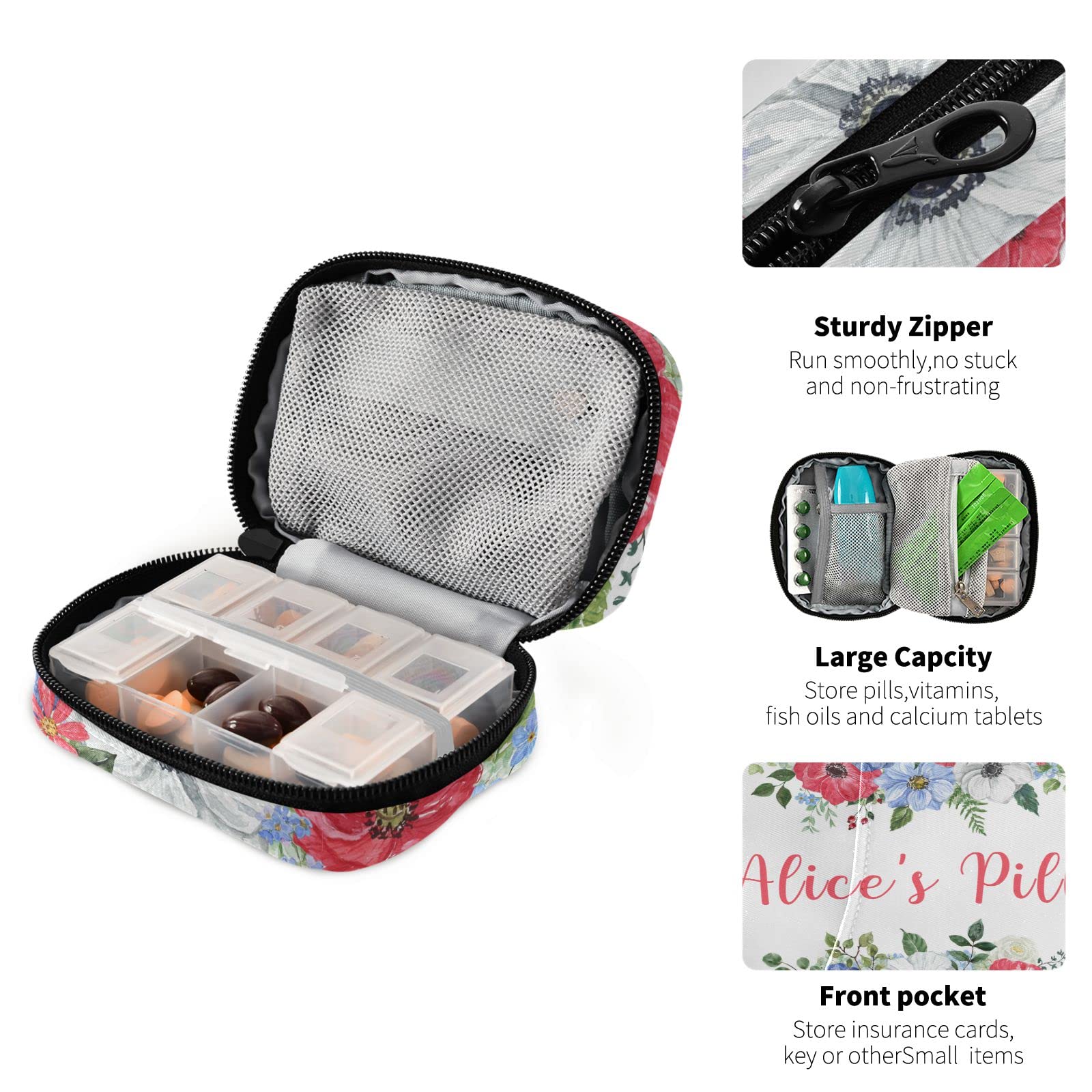 Custom Pill Box 7 Day Pill Case Bag Vintage Watercolor Flowers Personalized Name Travel Pill Organizer Bag with Zipper Portable