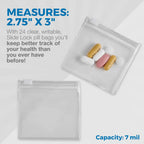Zippered Pill Pouch Bags - 24 Pcs, Slide Lock Clear Plastic Mini Bags, BPA-Free for Pills Vitamins, Supplements, Medications, Je