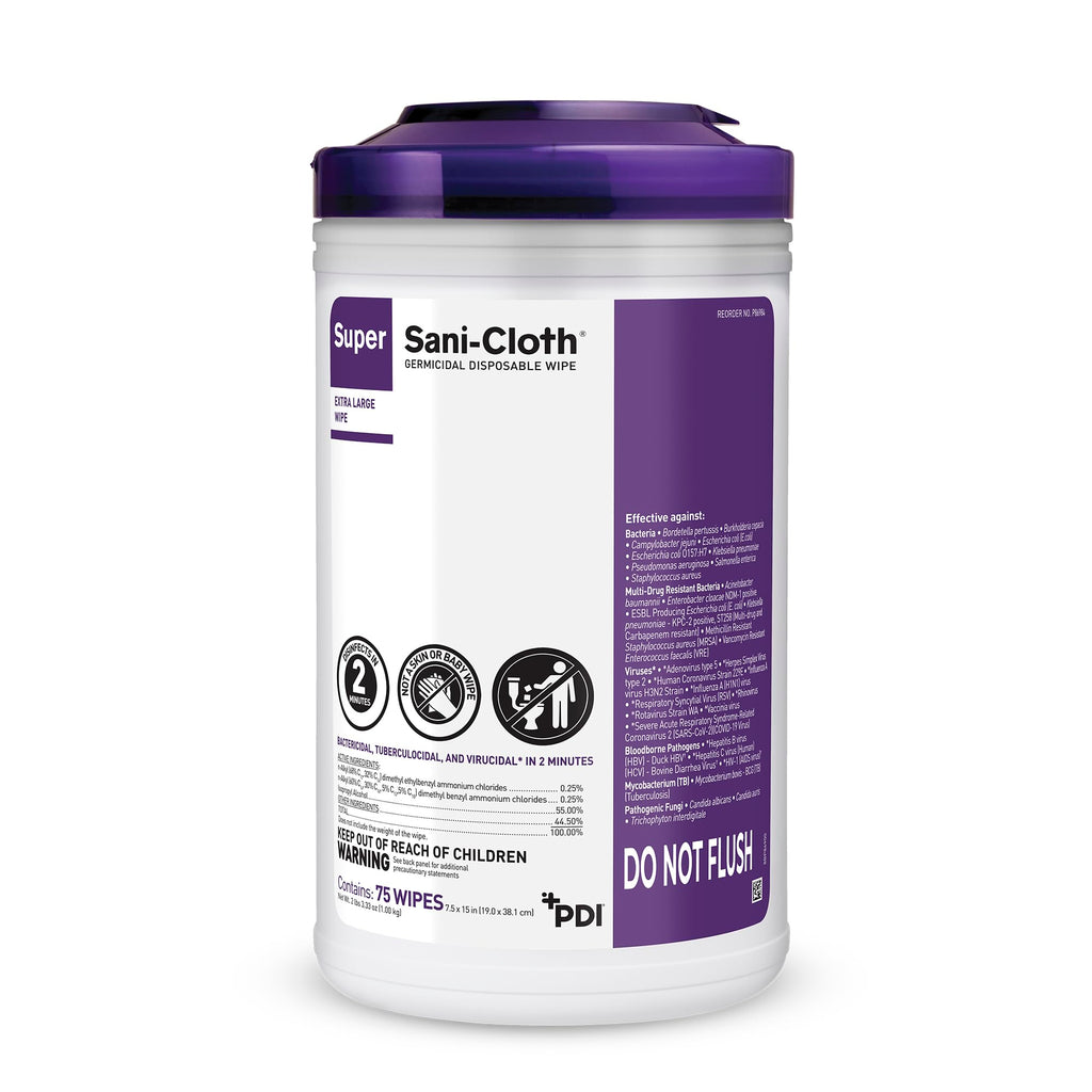 Super Sani- Cloth Germicidal Disposable Wipe, X-Large 5 x 8 Wipe, Pop Up Dispenser of 65