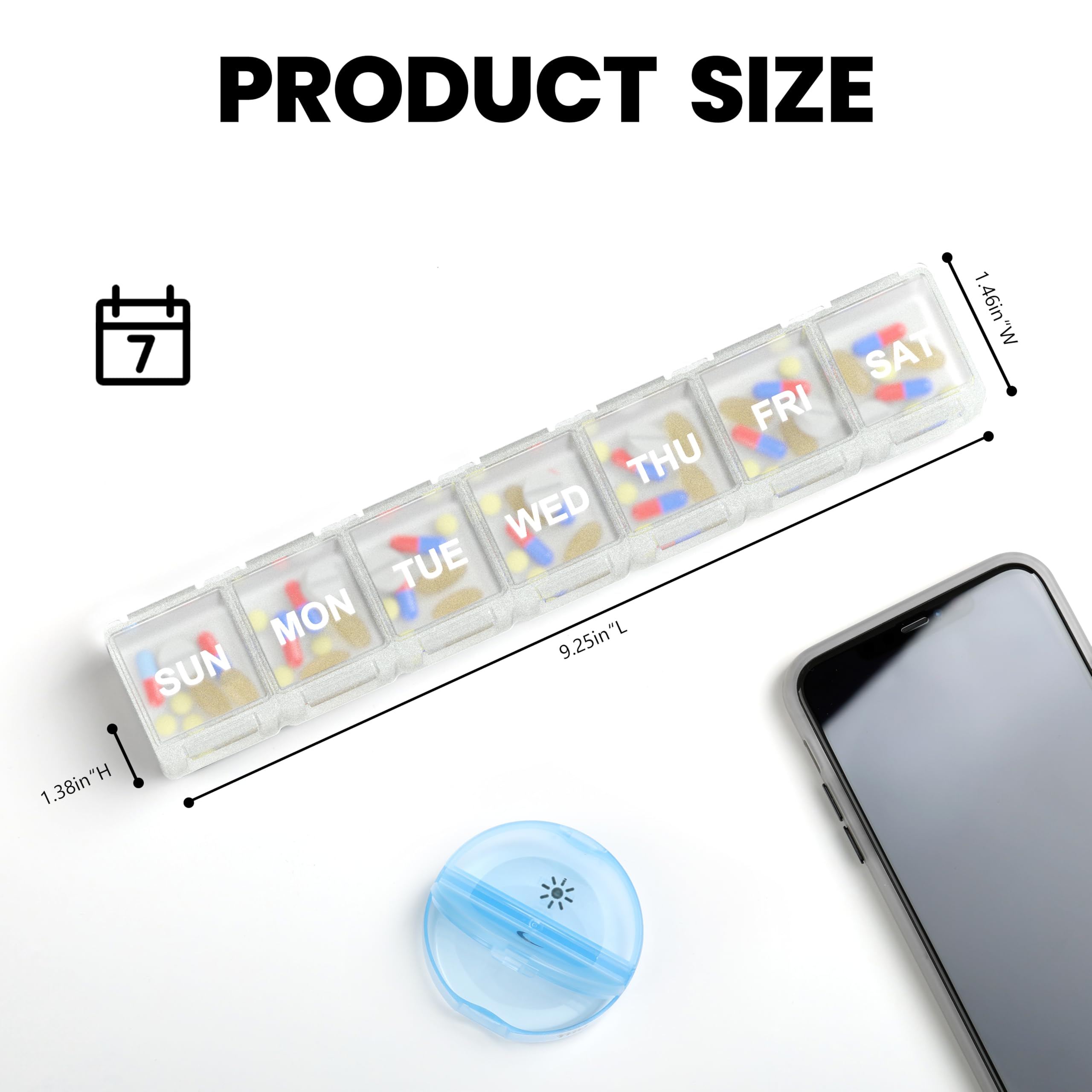 Sukuos Extra Large Weekly Pill Organizer, 7 Day Daily Pill Box Case Arthritis Friendly, Silkscreen Printed Medicine Container wi