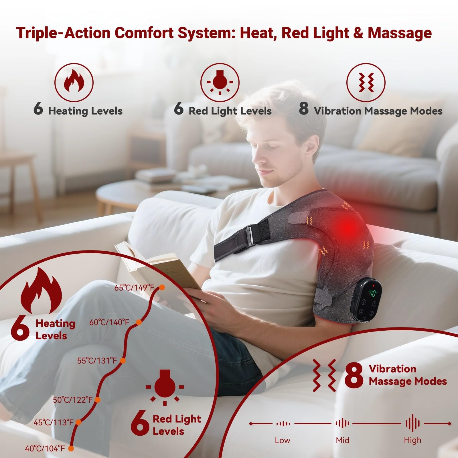 ObigaVc Cordless Shoulder Heating Pad with Massage, Red Light Massager for Soothe Discomfort, Heated Support Wrap for Muscle Com