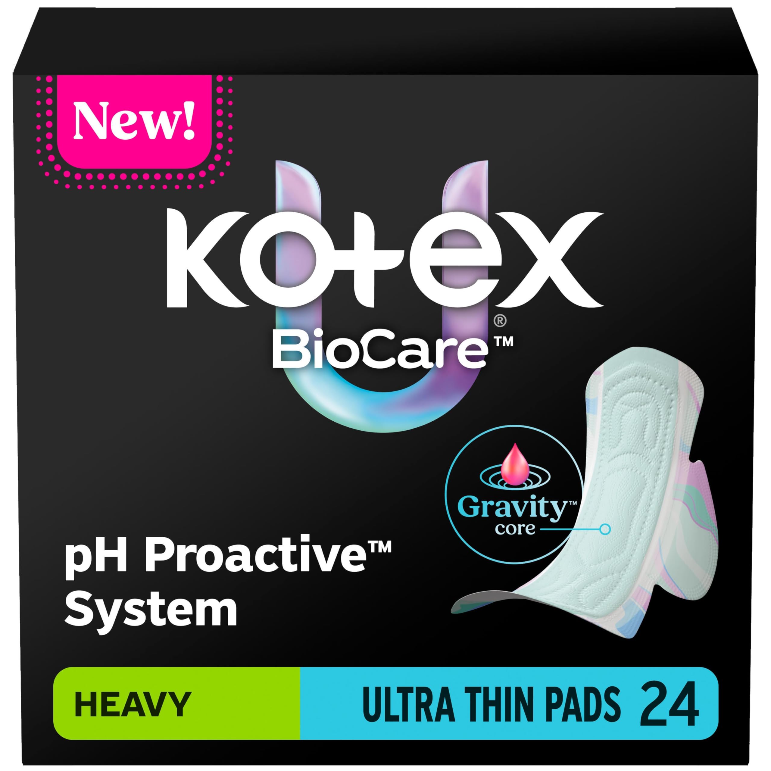 Kotex BioCare Ultra Thin Pads with Wings, Heavy Absorbency, 24 Count (Packaging May Vary)