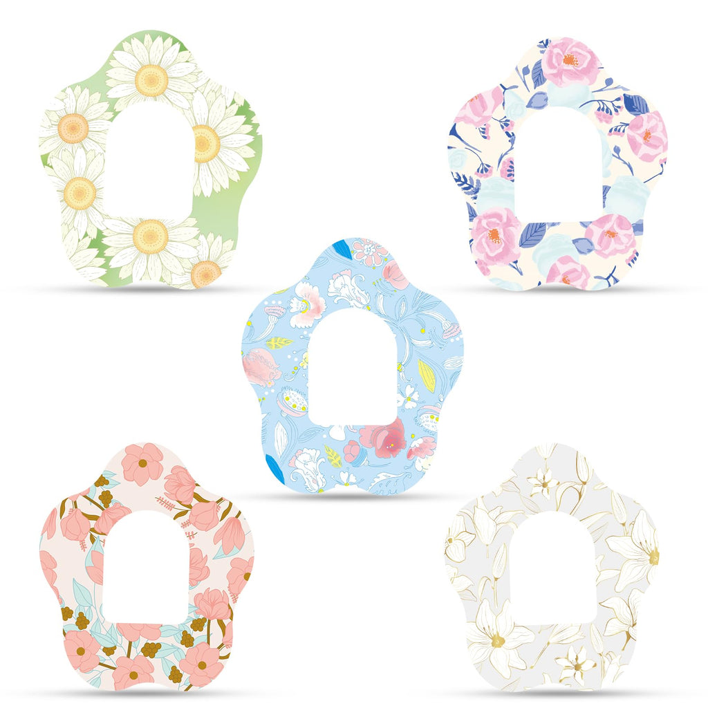 25pcs Adhesive Patches for Omnipod 5, 5 Styles Flower Shape Prints CGM Cover, Breathable Waterproof Skin Grip Insulin Monitor Ov