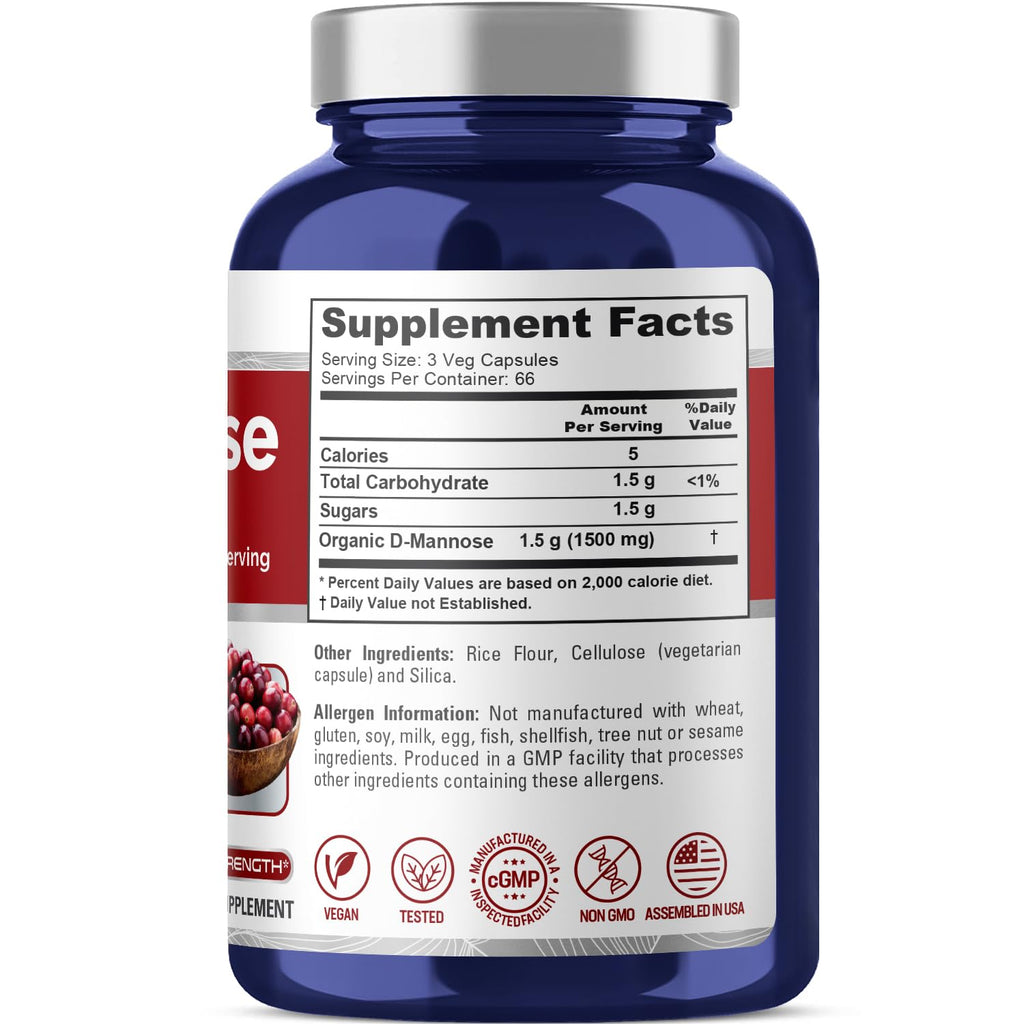 NusaPure D-Mannose 1500 mg per Serving - 200 Vegetarian Capsules (Organic, Non-GMO, Vegan)