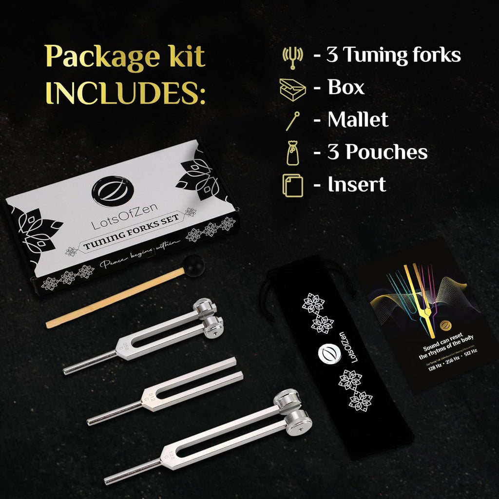 Tuning Forks for Healing Set (128Hz, 256Hz, 512Hz) - Essential Yoga and Meditation Accessories & Sound Therapy Devices