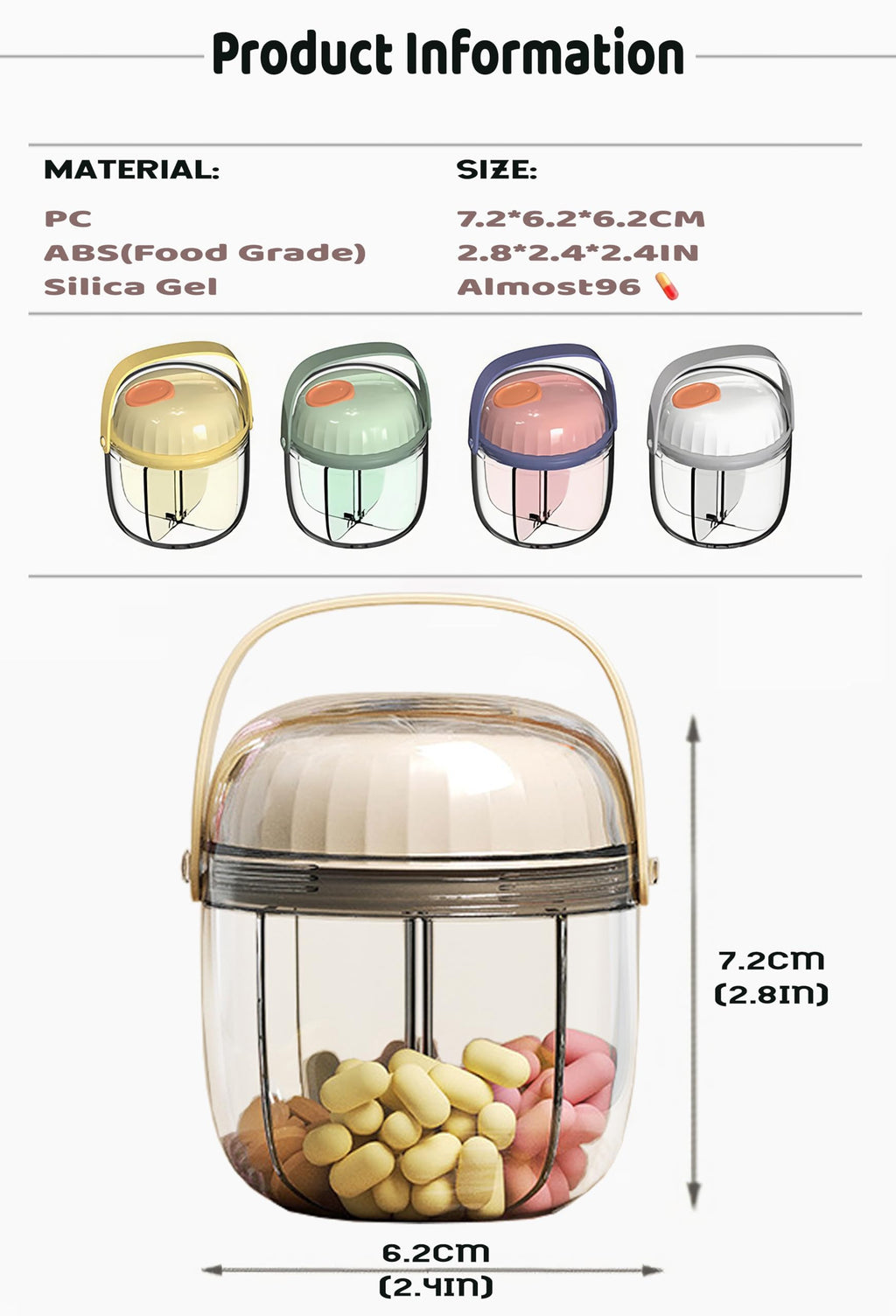 MURRI&MURRDI Pill Organizer with 4 Compartments, Travel Pill Box Portable Pill Case Anti-Mixing & Wide Opening, Compact Pill Con