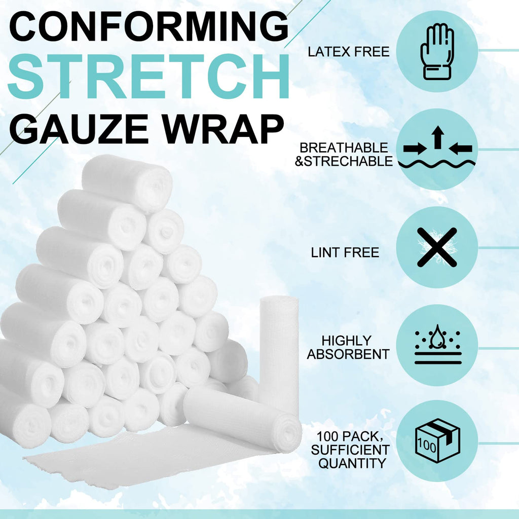 Treela 100 Rolls Gauze Bandage, 2 in x 5 Yards, Elastic Bandages Individual Packaging Sterile Non Latex First Aid Pads Medical B