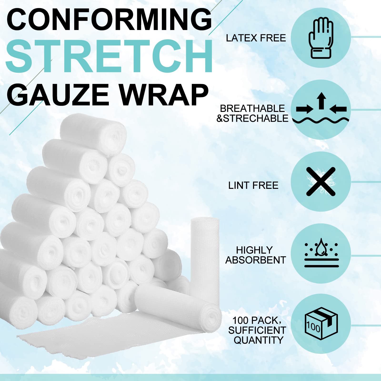 Treela 100 Rolls Gauze Bandage, 2 in x 5 Yards, Elastic Bandages Individual Packaging Sterile Non Latex First Aid Pads Medical B