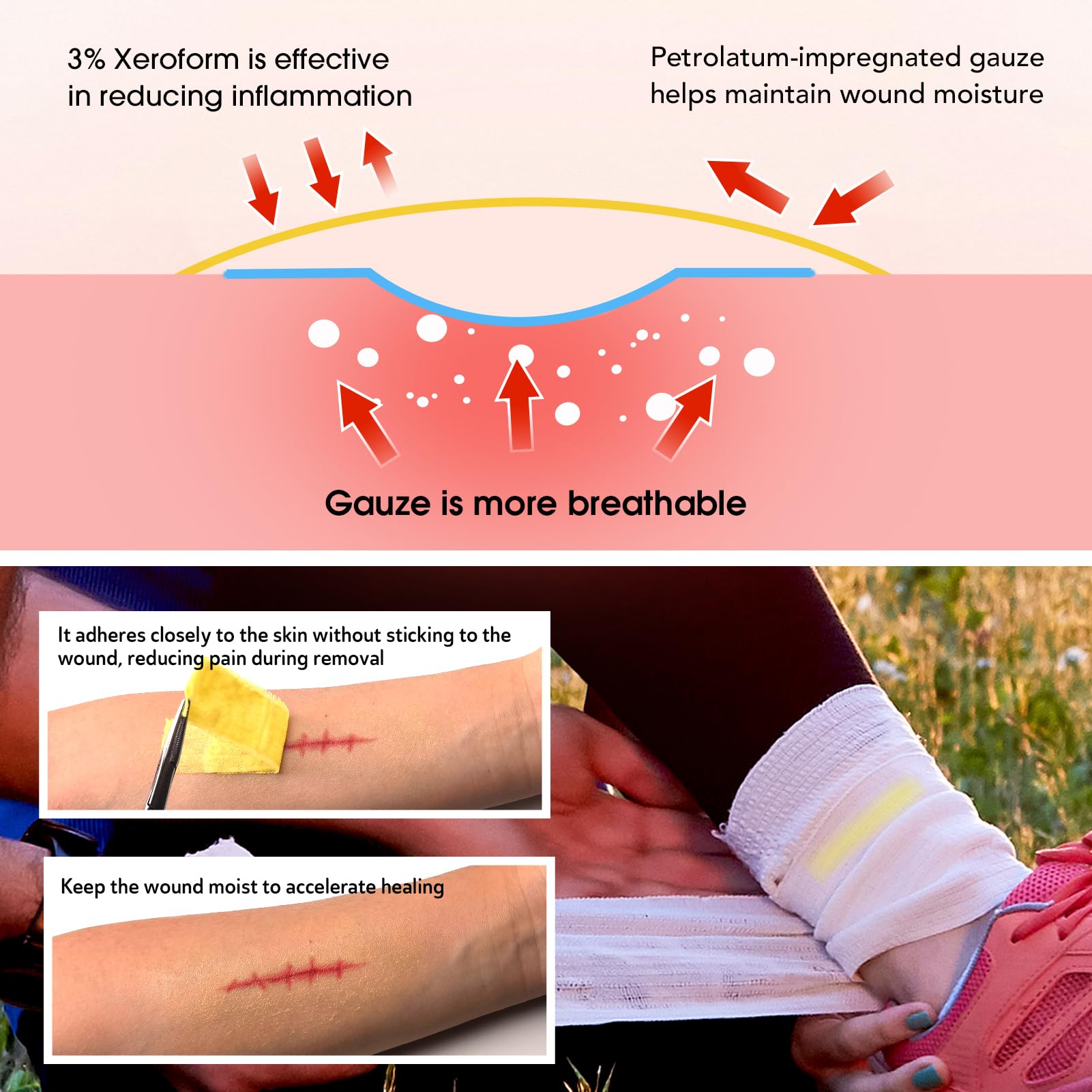 POLYNEW Xeroform Petrolatum Dressing 1x8, 52 PCS Non-Adherent Gauze for Low Exudating Wounds, Fine Mesh Gauze Pads for Burns, Ab