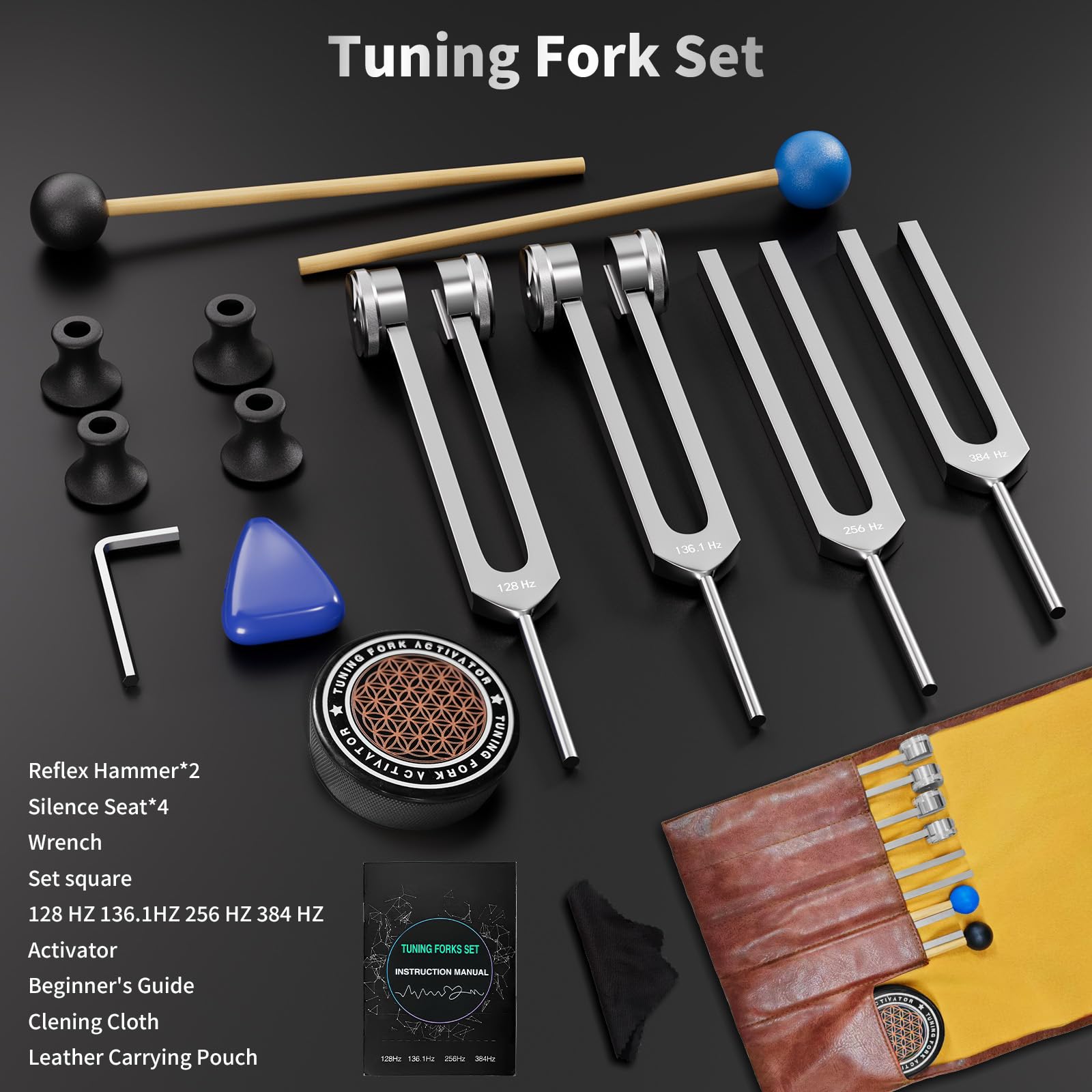 Tuning Forks for Healing Set - 128Hz, 136.1Hz, 256Hz, 384Hz, Weighted & Unweighted, Tuning Fork with Hockey Puck Activator & fee
