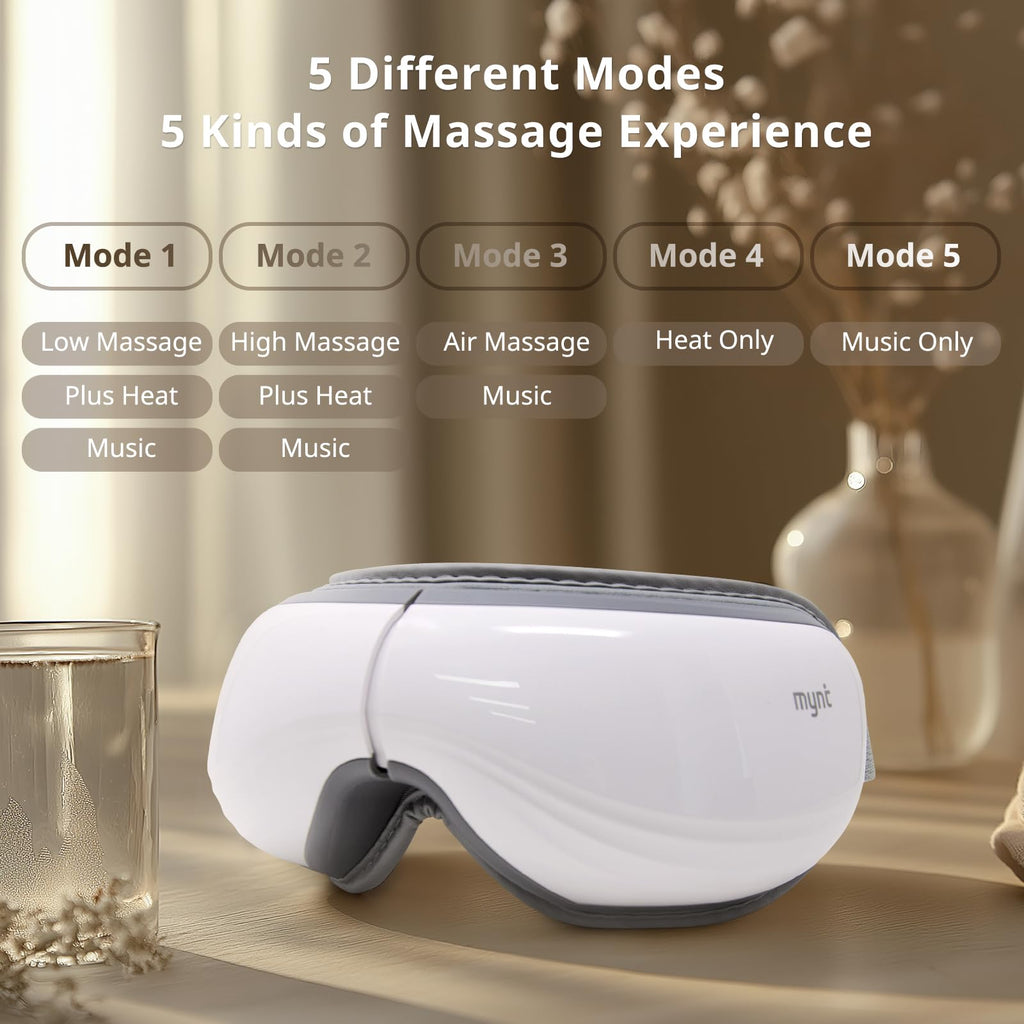 Mynt 5-Mode Eye Massager with Heat and Bluetooth Capability, Folding Heated Eye Massager, Heating Eye Massage with Voice Announc