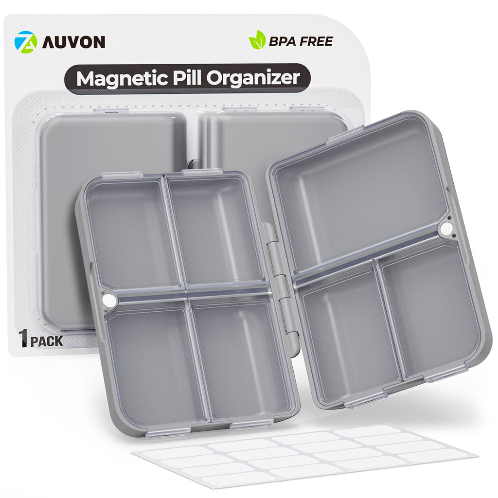 AUVON Travel Pill Organizer with Folding Design, 7 Compartments Daily Pill Case with Long-Lasting Hinges, Portable Pill Box for 
