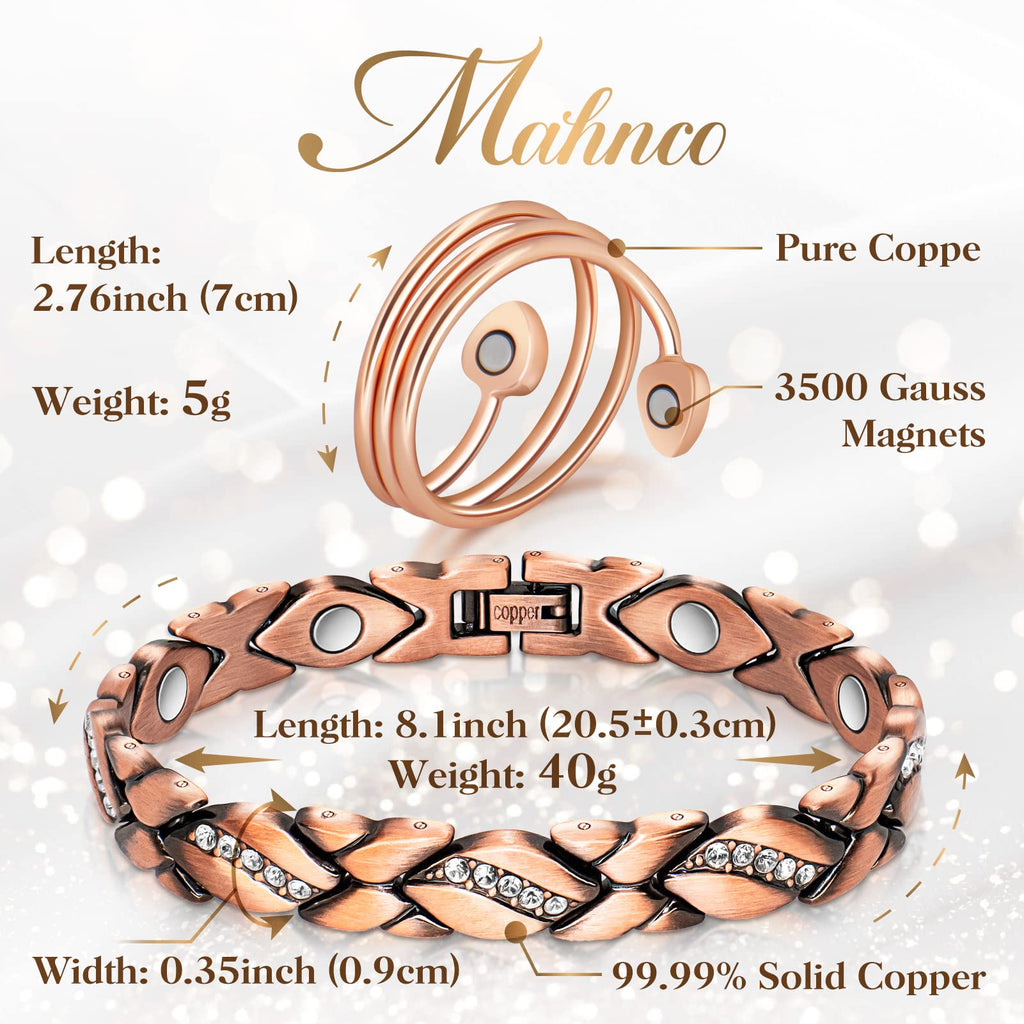 Copper Bracelets for Women, Magnetic Bracelets for Women & Heart-Shaped Lymphatic Drainage Ring with 3500 Gauss Magnet Classic C
