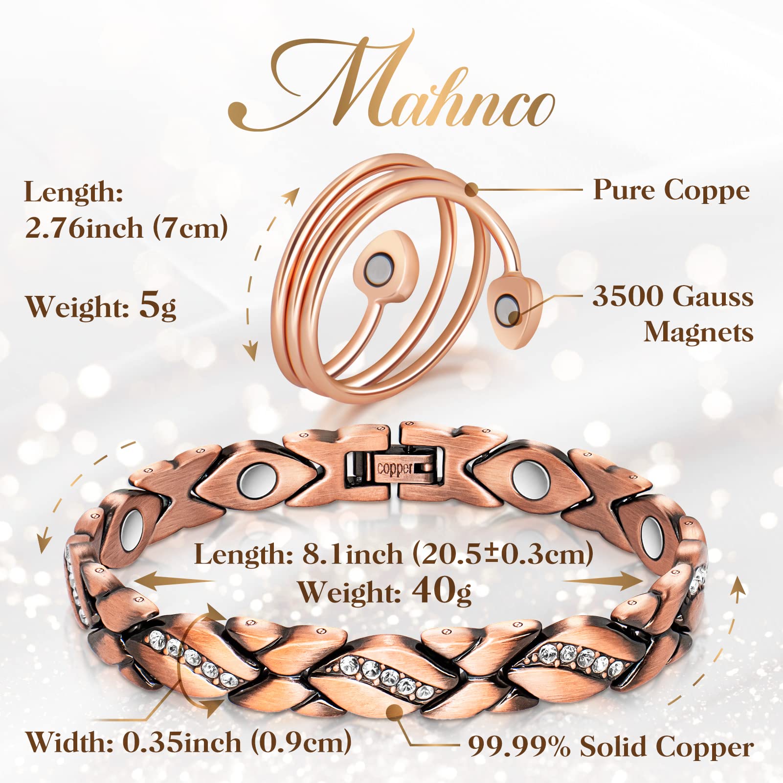 Copper Bracelets for Women, Magnetic Bracelets for Women & Heart-Shaped Lymphatic Drainage Ring with 3500 Gauss Magnet Classic C