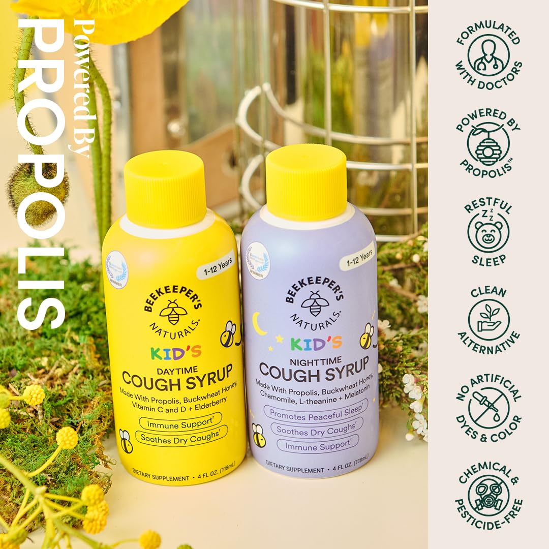 Beekeepers Naturals Propolis Honey Cough Syrup Nighttime for Kids Immune Support with Propolis, Elderberry & Raw Honey - Sleep