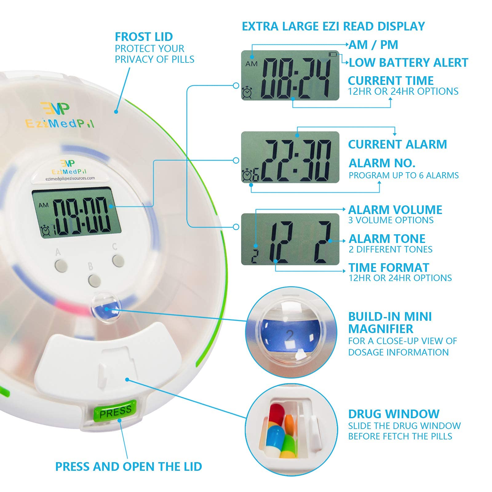 EziMedPil Automatic Pill Dispenser with Alarm, Sound & Light, up to 6 Alarms/Day, 6 Dosage Templates, Easy-Read Display, Frosted