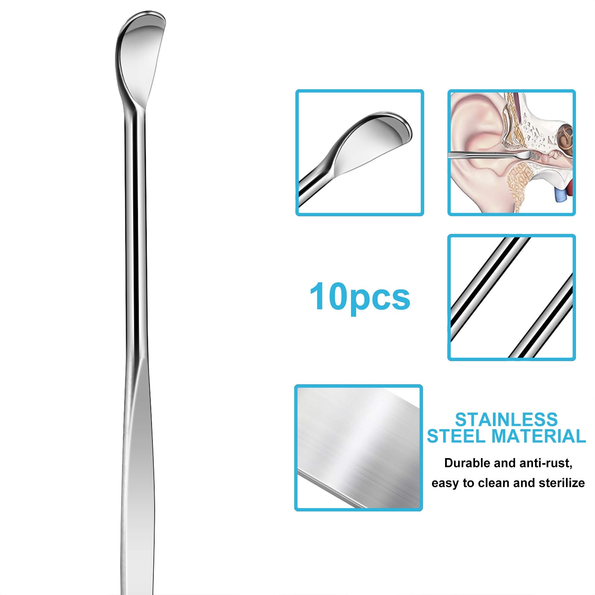 10pcs Sliver Metal Ear Cleaner Ear Pick Ear Spoon Earwax Curette Remover Earpick Tool Hanging Clean Tool for Ear Key Hanging Key