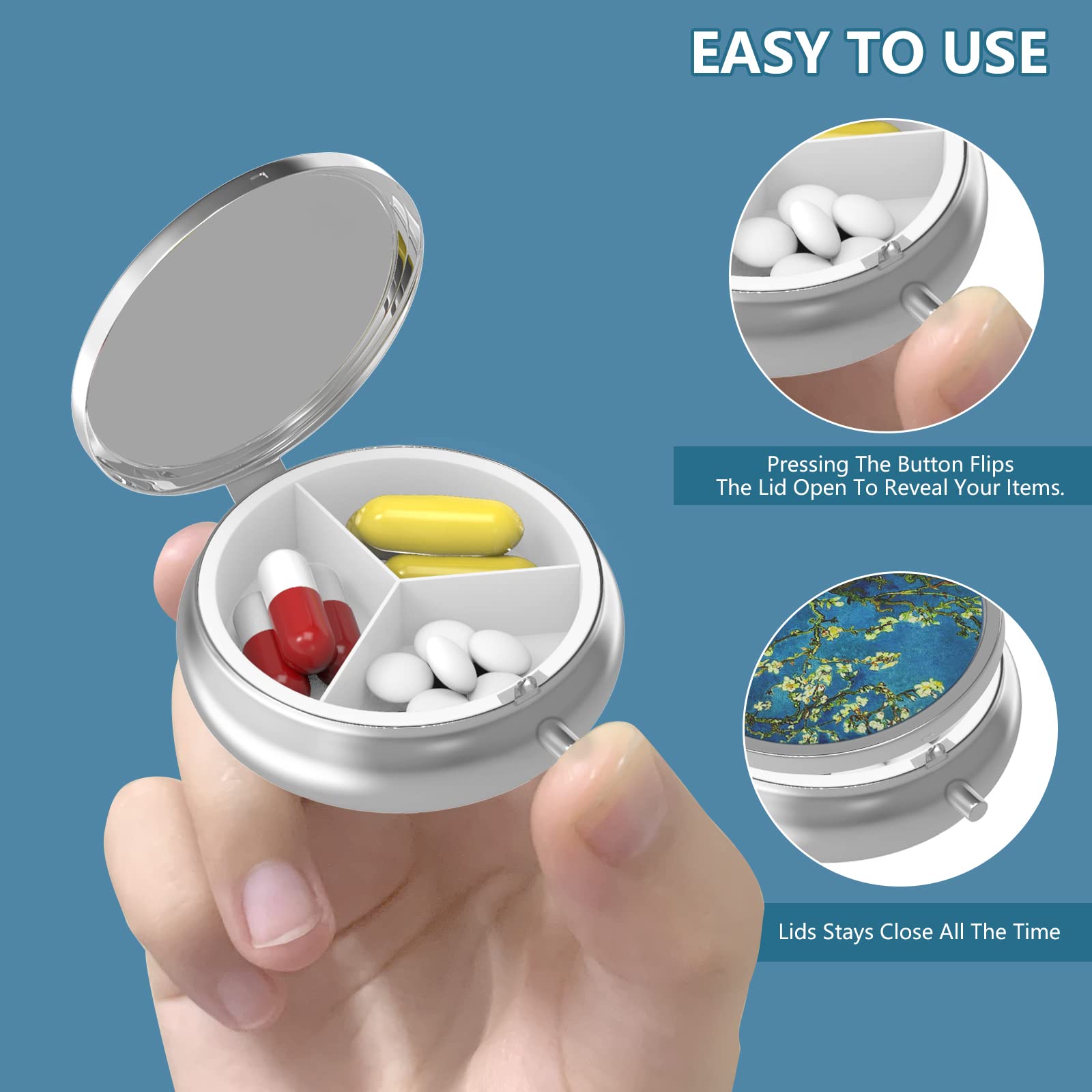 Pill Case 3 Compartment Medicine Organizer, Portable Metal Vitamin Box - Blue Cracked Marbling