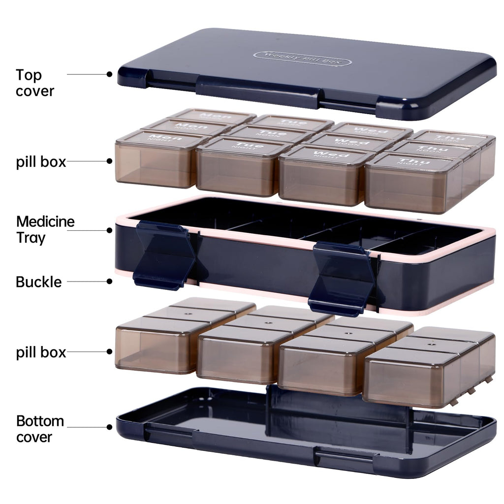 Rinten Pill Organizer 3 Times a Day, Weekly Pill Box Medicine Organizer Box, Travel Double Side 7 Day Pill Case with Backup One