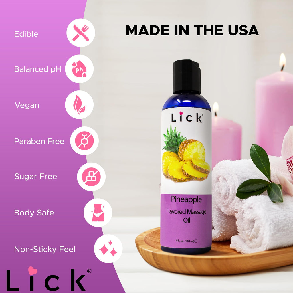 Lick Pineapple Flavored Massage Oil - Romantic, Body Safe, Non-Greasy Formula, Date Night 4 oz