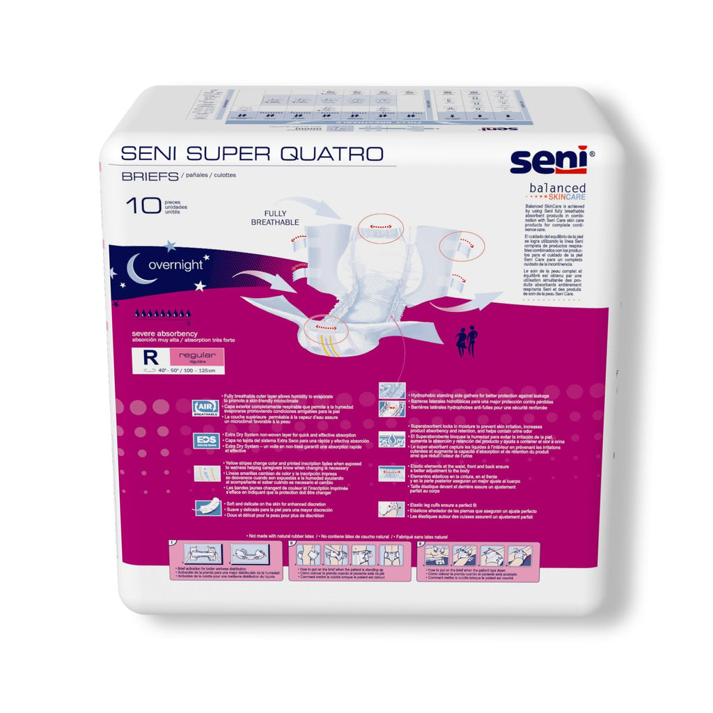 Seni Super Quatro Adult Incontinence Brief Regular Heavy Absorbency Breathable/Overnight, S-RE10-BQ1, Severe, 10 Ct