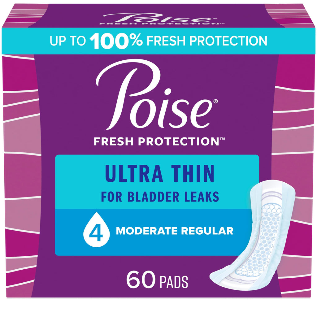 Poise Ultra Thin Incontinence Pads & Postpartum Incontinence Pads, 4 Drop Moderate Absorbency, Regular Length, 60 Count, Packagi