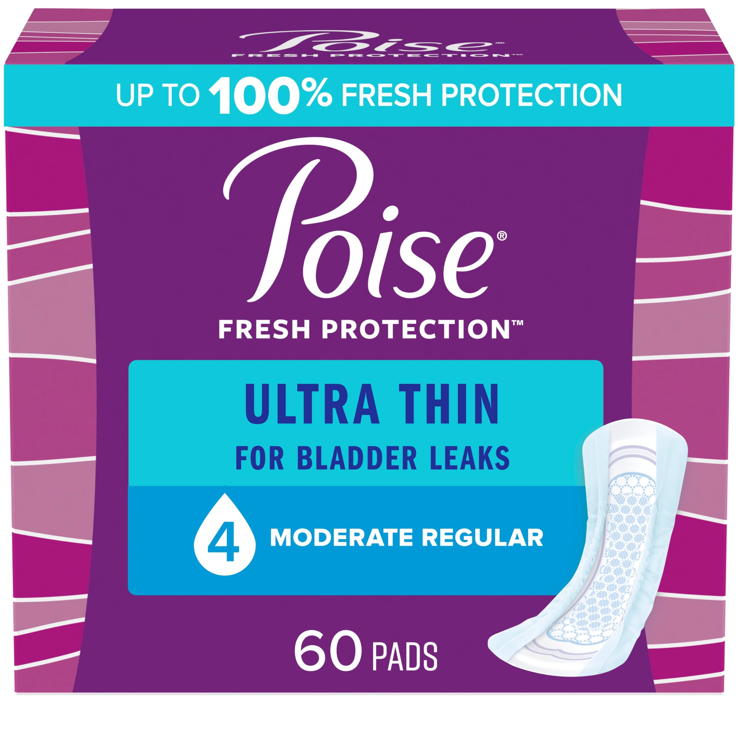 Poise Ultra Thin Incontinence Pads & Postpartum Incontinence Pads, 4 Drop Moderate Absorbency, Regular Length, 60 Count, Packagi
