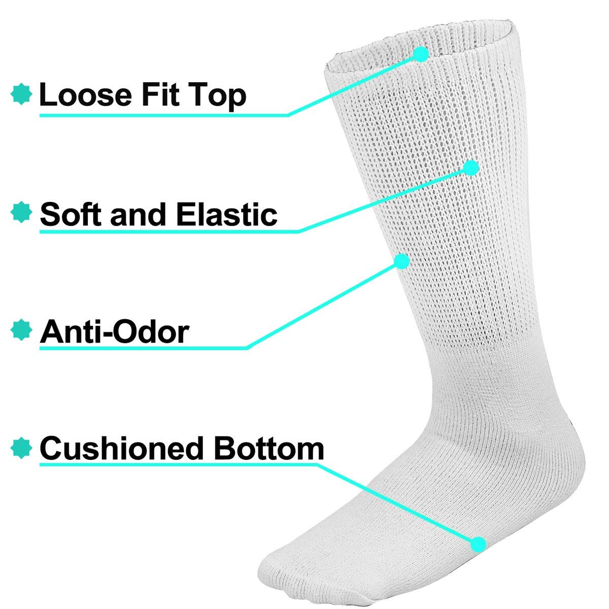 Falari Physicians Approved Diabetic Socks Crew Unisex 3, 6 or 12-Pack (9-11 Women/Men Size, 12 Pairs White)