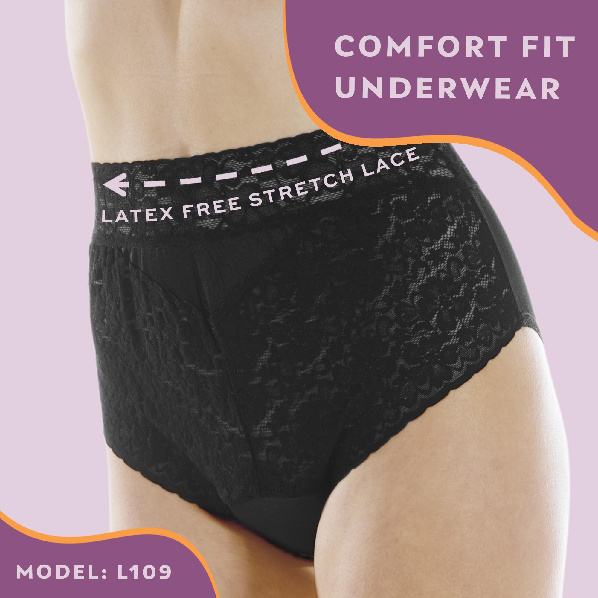 6-Pack Womens Black Lovely Lace Regular Absorbency Incontinence Panties 1X (Fits Hip 43-44)