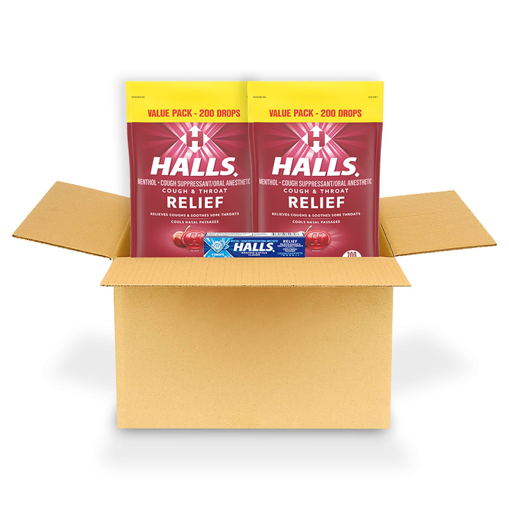 HALLS Relief Cherry Cough Drops, 2 Value Packs of 200 Drops (400 Total Drops) + Bonus 9 Count HALLS Relief Mentho-Lyptus Cough D