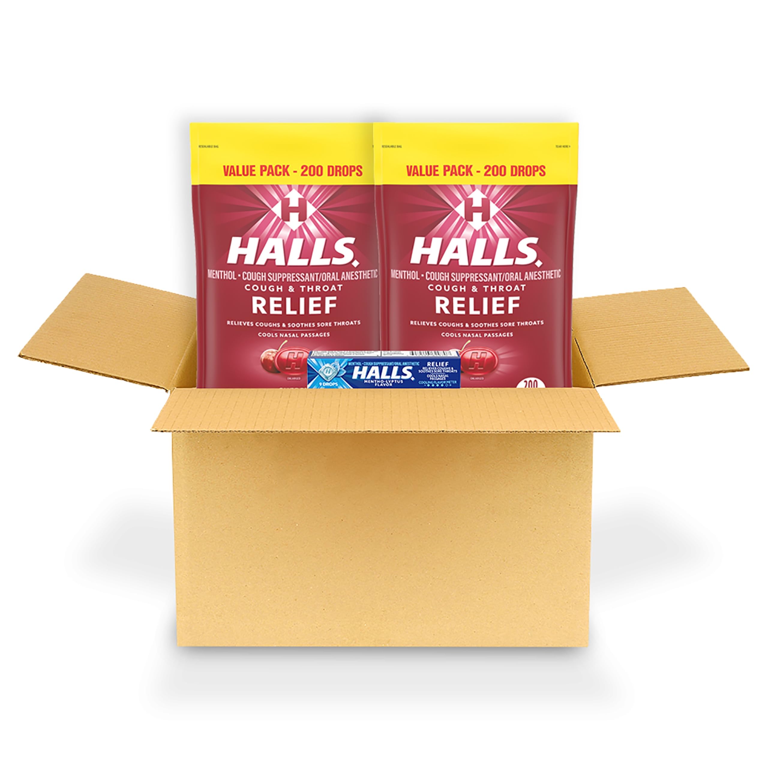 HALLS Relief Cherry Cough Drops, 2 Value Packs of 200 Drops (400 Total Drops) + Bonus 9 Count HALLS Relief Mentho-Lyptus Cough D