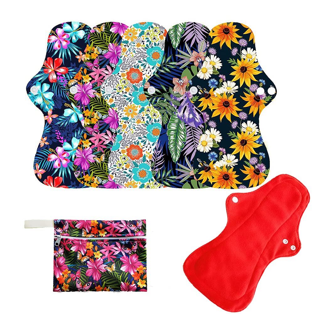 6Pcs Resuable Waterproof Menstrual Pad Sets Including 1Pc Mini Wet Bag and 5Pcs Heavy Flow Red Color Microfleece Stay Dry Menstr