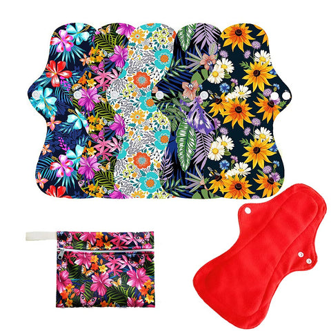 6Pcs Resuable Waterproof Menstrual Pad Sets Including 1Pc Mini Wet Bag and 5Pcs Heavy Flow Red Color Microfleece Stay Dry Menstr