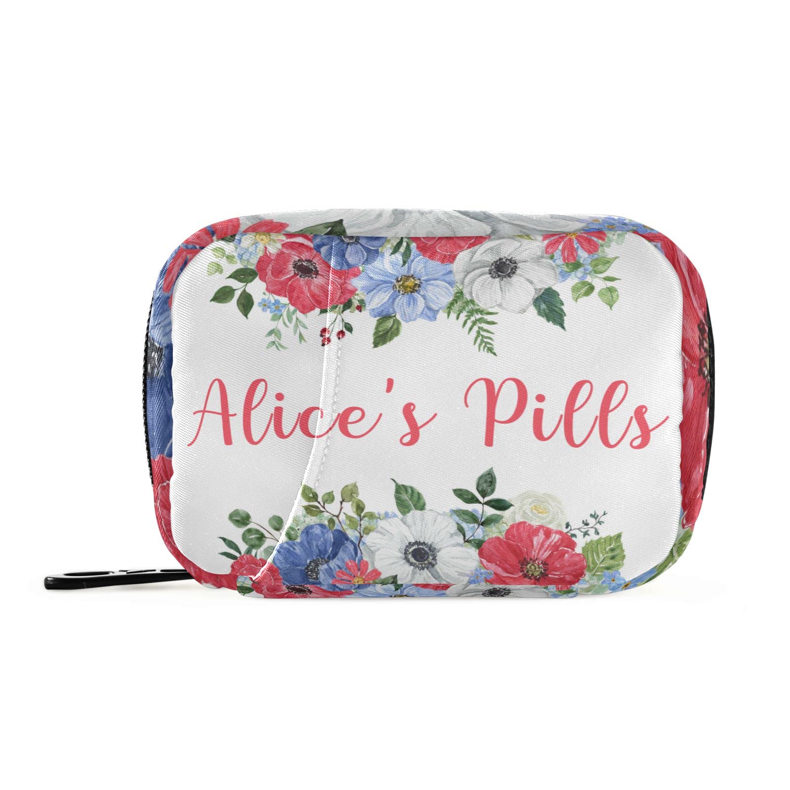 Custom Pill Box 7 Day Pill Case Bag Vintage Watercolor Flowers Personalized Name Travel Pill Organizer Bag with Zipper Portable 