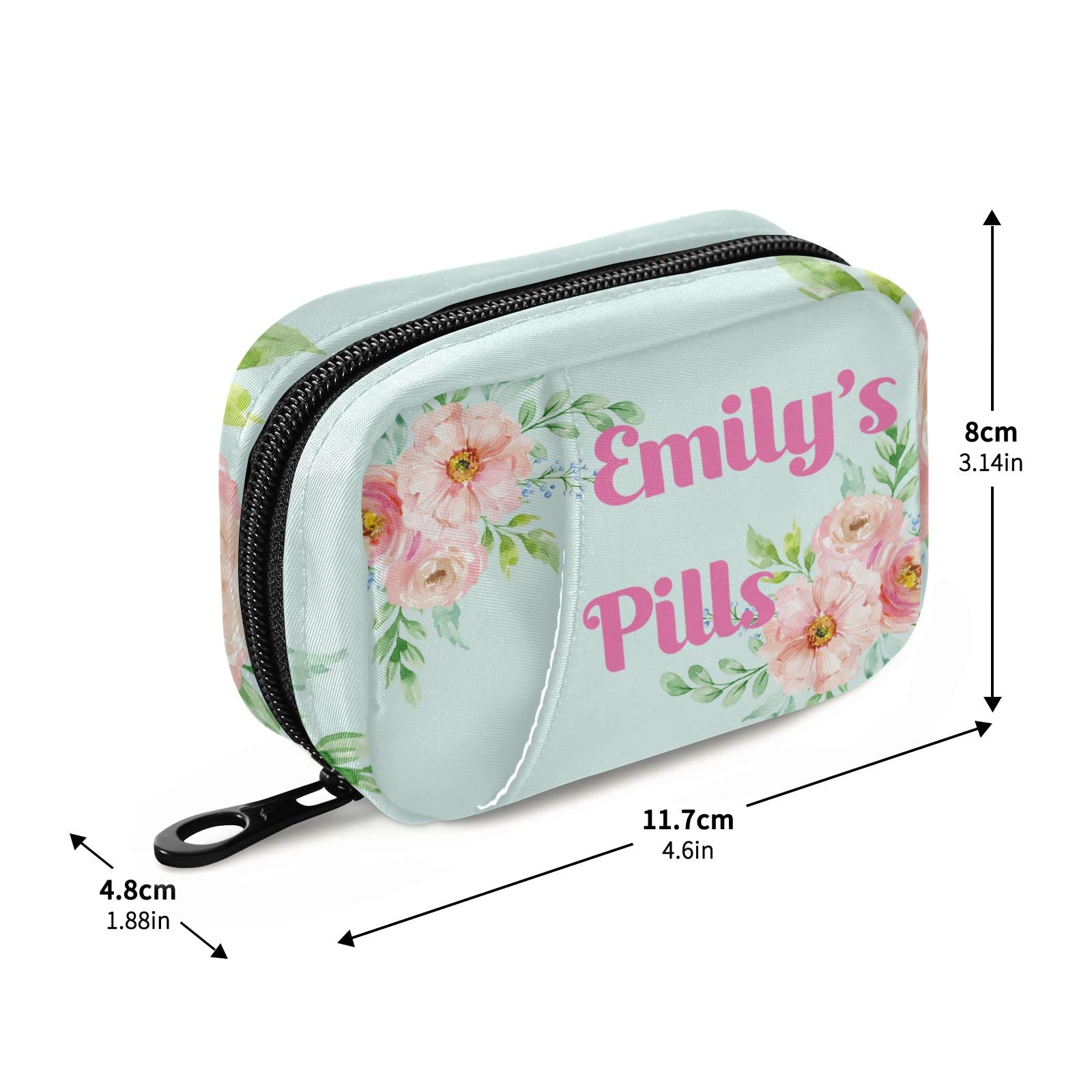 Custom Pill Box 7 Day Pill Case Bag Pink Flowers Watercolor Personalized Name Travel Pill Organizer Bag with Zipper Portable Wee