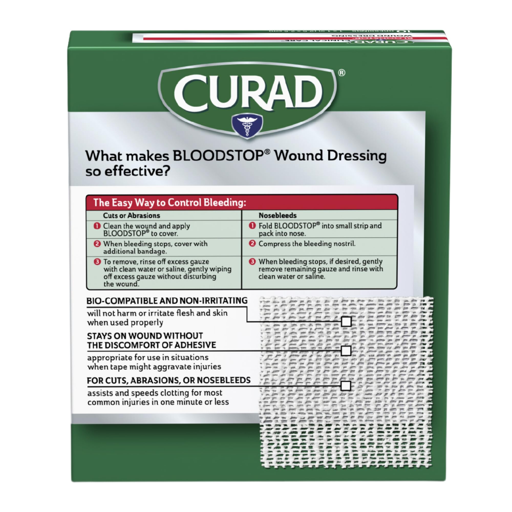 Curad CUR0055RBH Bloodstop Hemostatic Gauze, Helps Stop Bleeding Quickly, 1 x 1 Size, Pack of 10