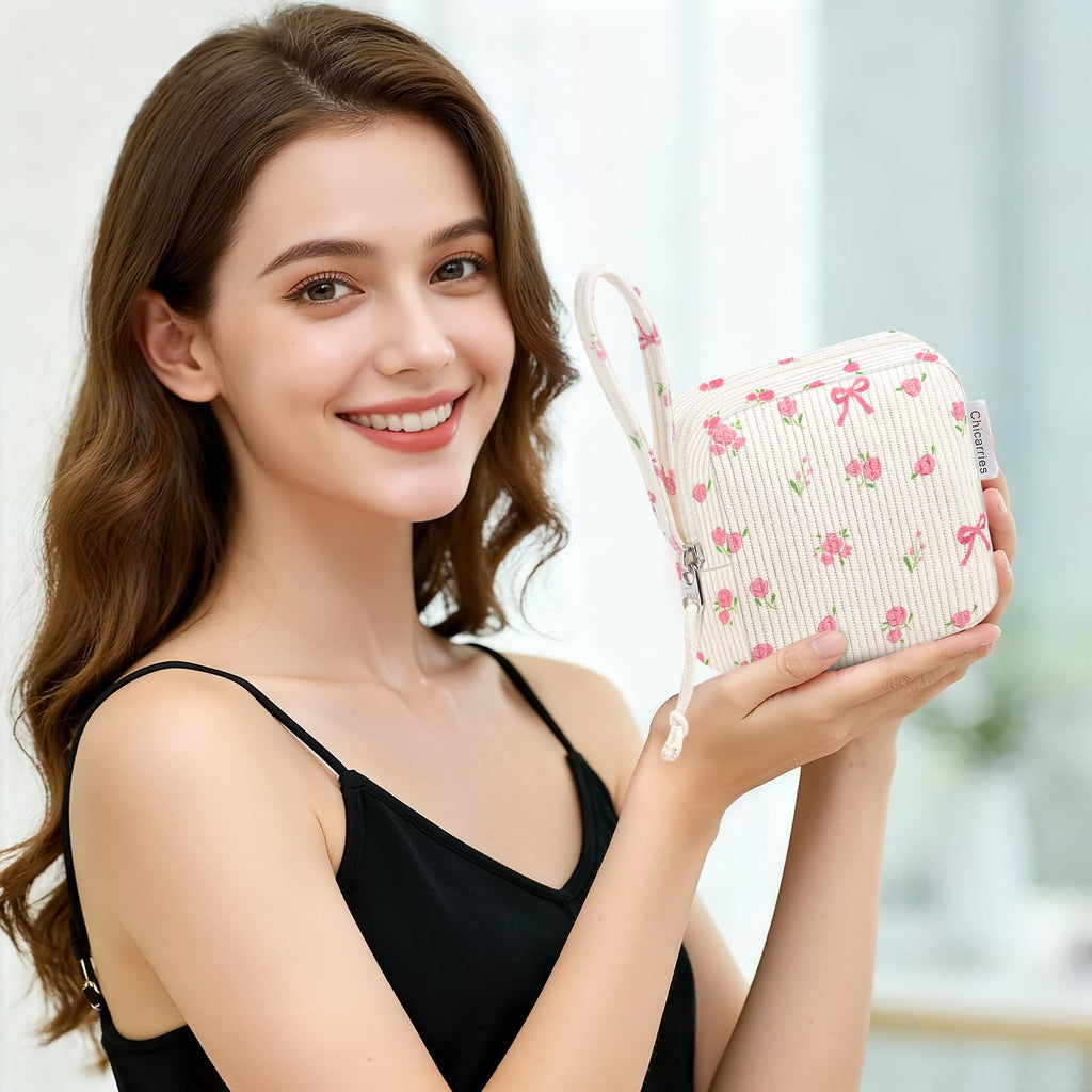 Chicarries Small Makeup Bag | Discreet Period Bag Pad Pouch for Purse| Sanitary Napkin Storage & Tampon Holder for Travel(Flower