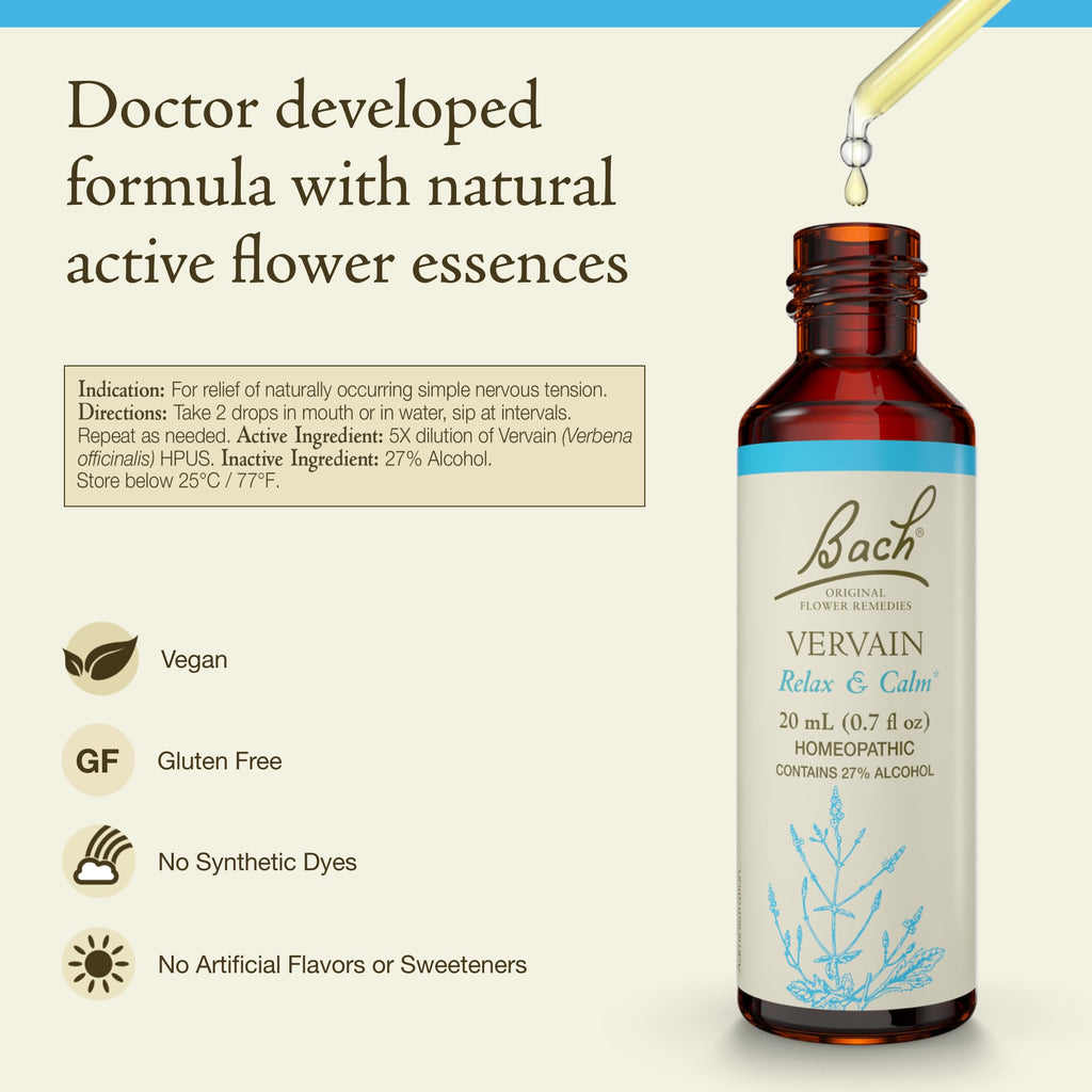 Bach Original Flower Remedies, Vervain - Relax & Calm - Natural Homeopathic Flower Essence for Emotional Balance - Vegan, Gluten