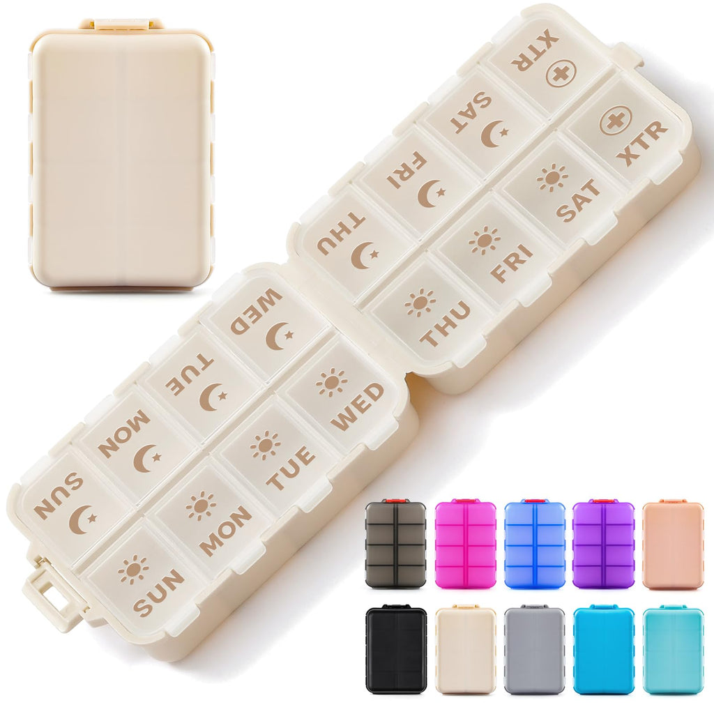 Foldable & Portable Pill Organizer 2 Times A Day with Extra Compartments - Etched Labels - Weekly 7 Day AM PM Medicine Box, Week