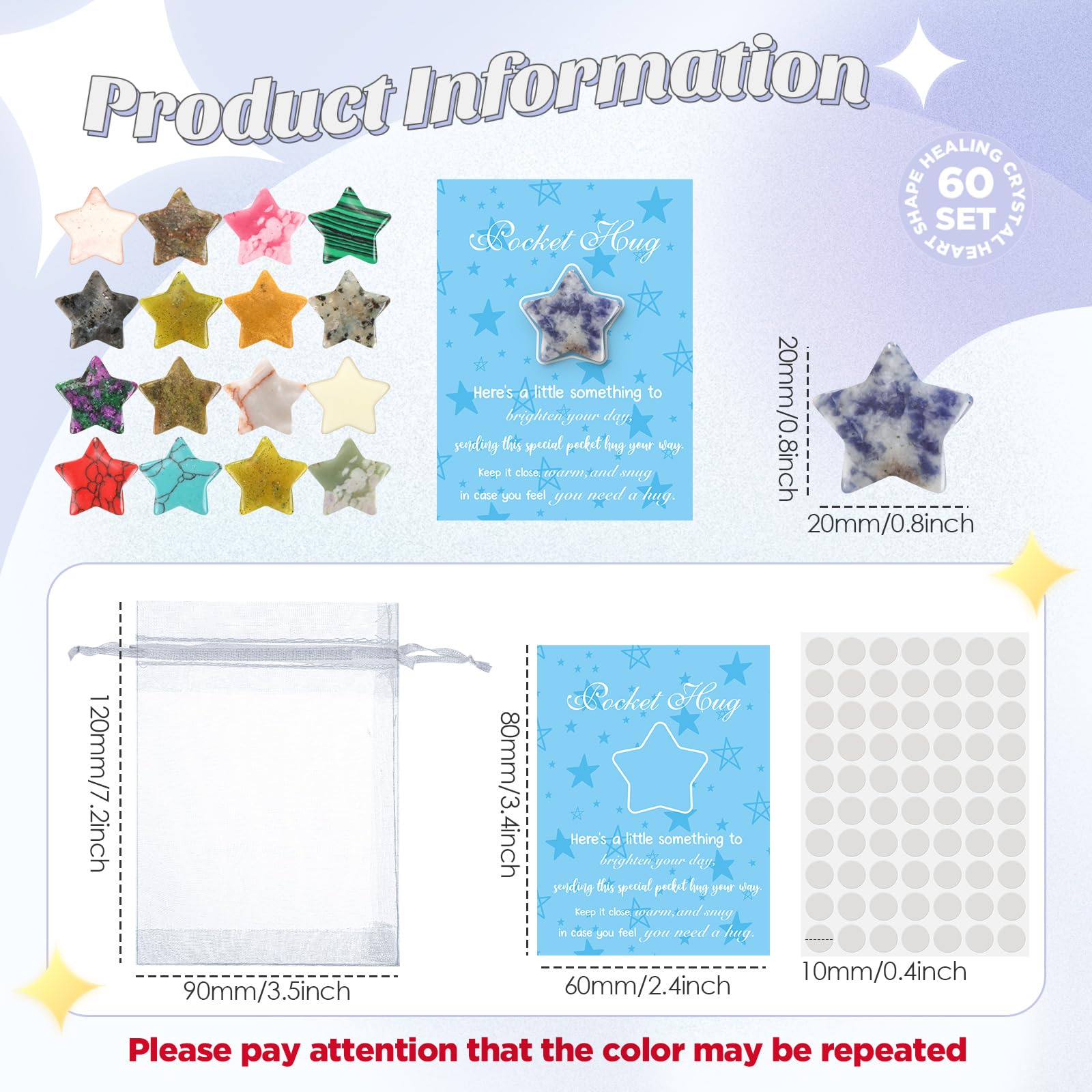 Tondiamo 60 Sets Pocket Hug Token Gifts Included Natural Star Shaped Crystal Stones, Hug Cards and Organza Bags for Coworkers, L