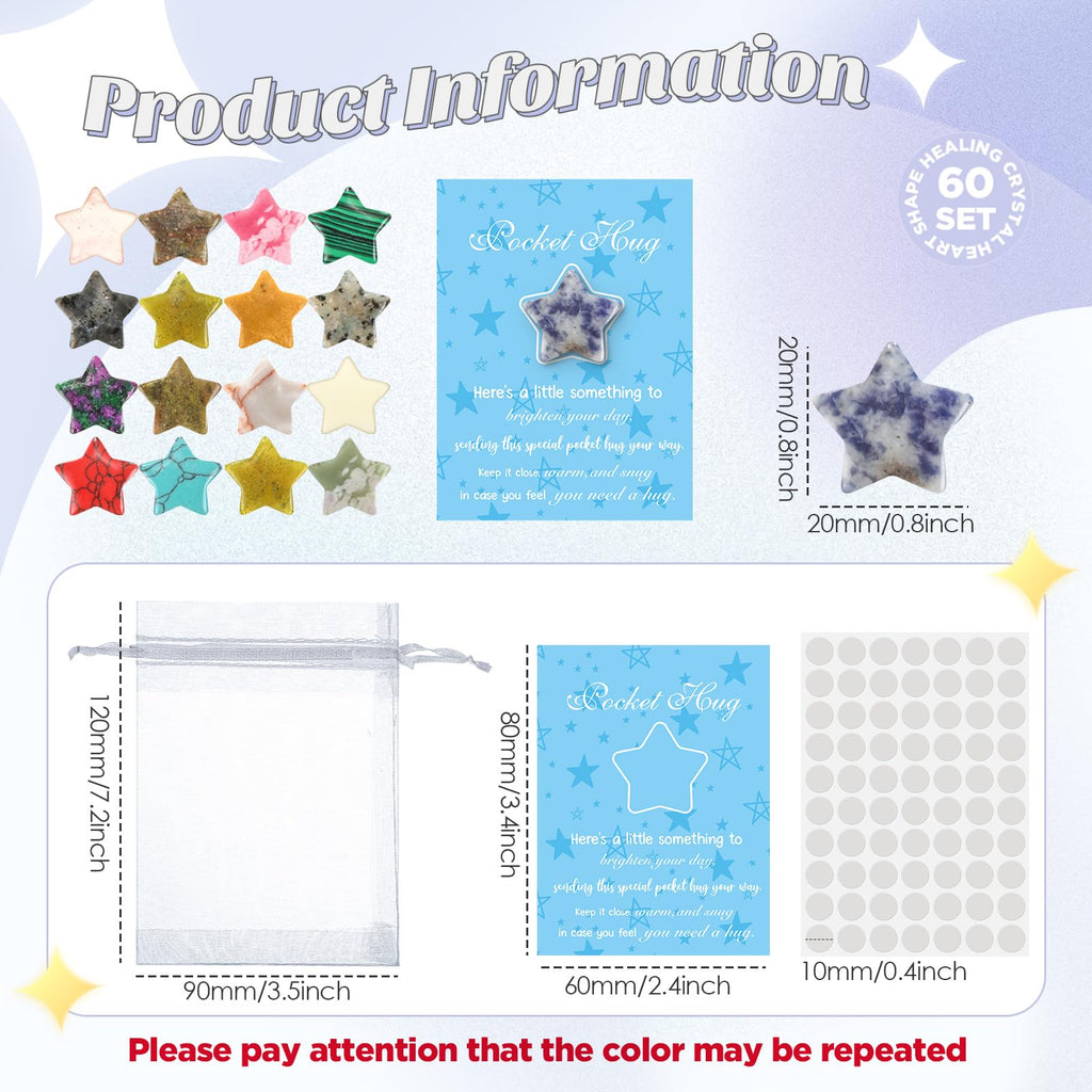 Tondiamo 60 Sets Pocket Hug Token Gifts Included Natural Star Shaped Crystal Stones, Hug Cards and Organza Bags for Coworkers, L