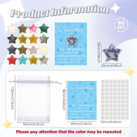 Tondiamo 60 Sets Pocket Hug Token Gifts Included Natural Star Shaped Crystal Stones, Hug Cards and Organza Bags for Coworkers, L
