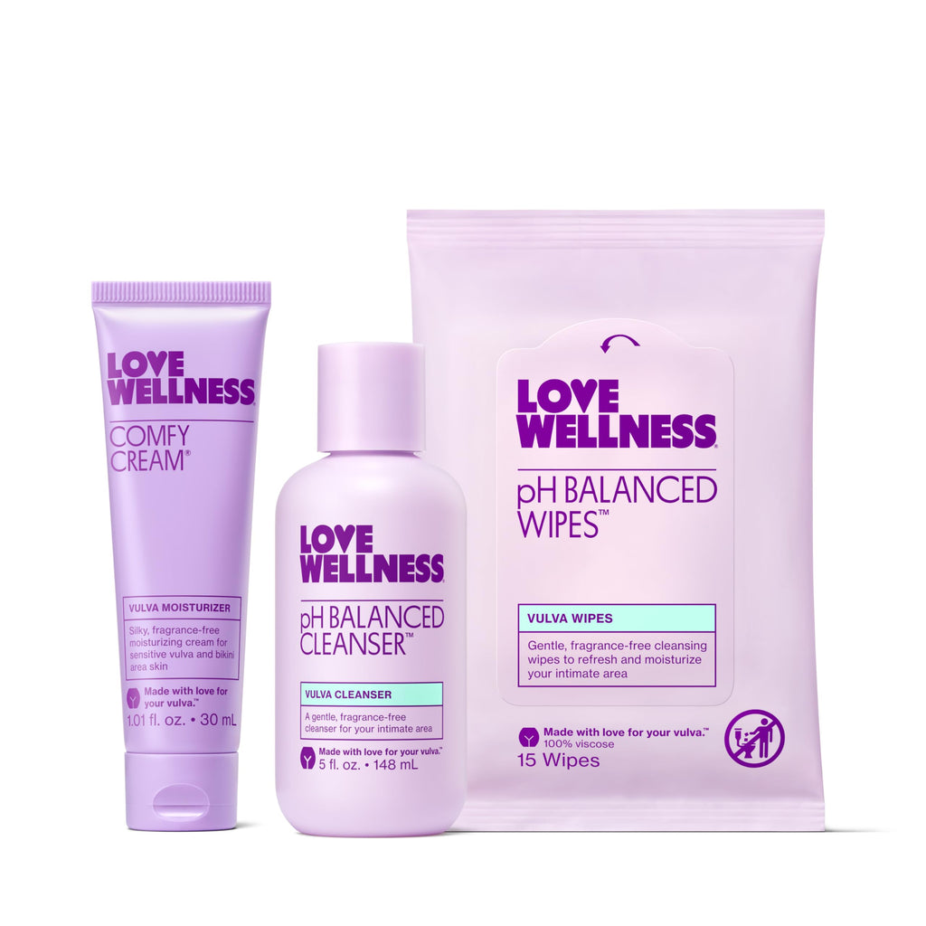 Love Wellness Skincare for Down There Bundle | Gentle pH Balancing Cleanser, Moisturizing Comfy Cream & Refreshing Wipes | Femin